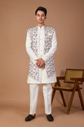 Men’s Off-white Indo-western with Embroidered Work in Raw Silk