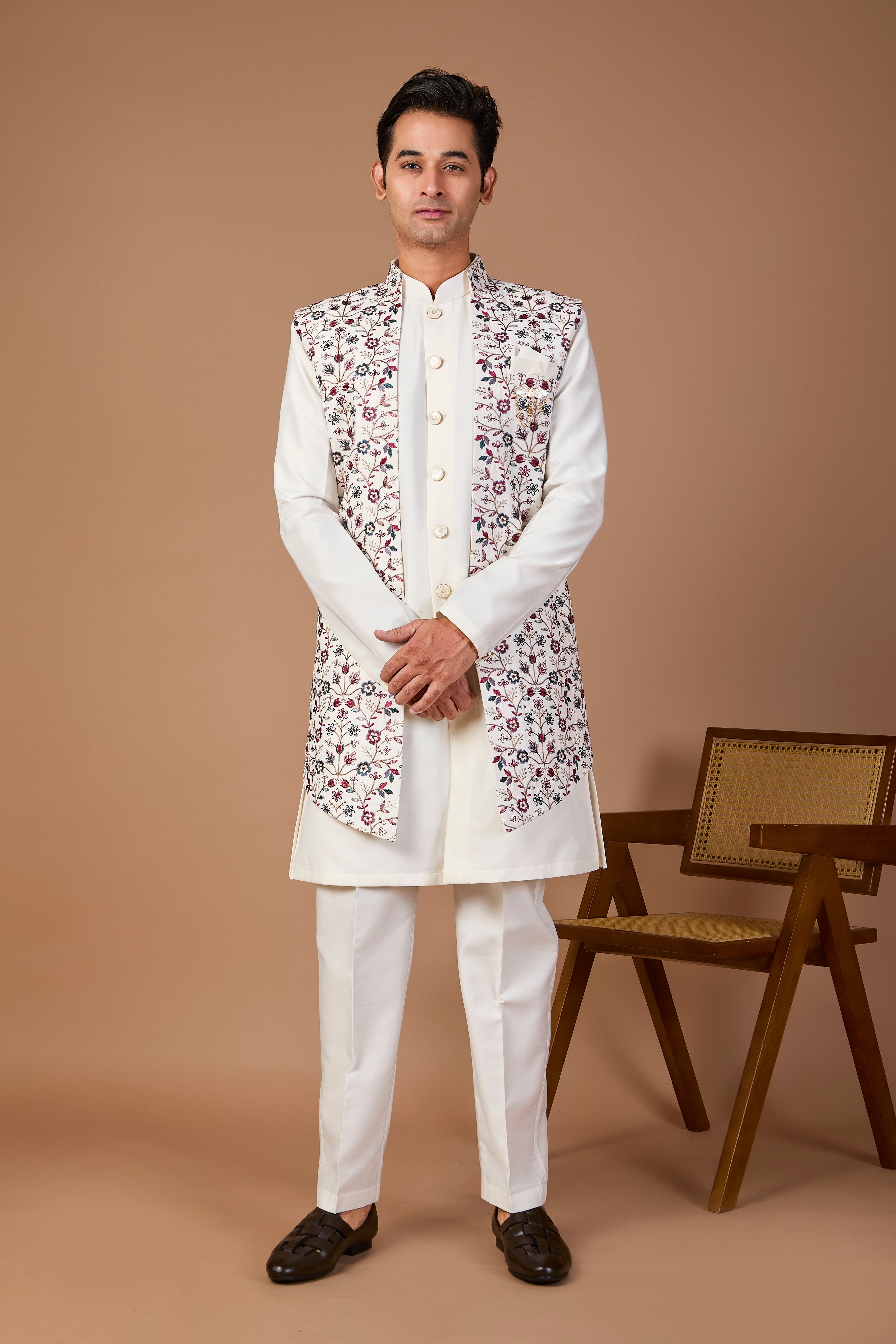 Men’s Off-white Indo-western with Embroidered Work in Raw Silk