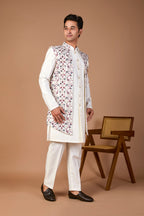 Men’s Off-white Indo-western with Embroidered Work in Raw Silk