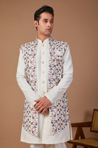 Men’s Off-white Indo-western with Embroidered Work in Raw Silk