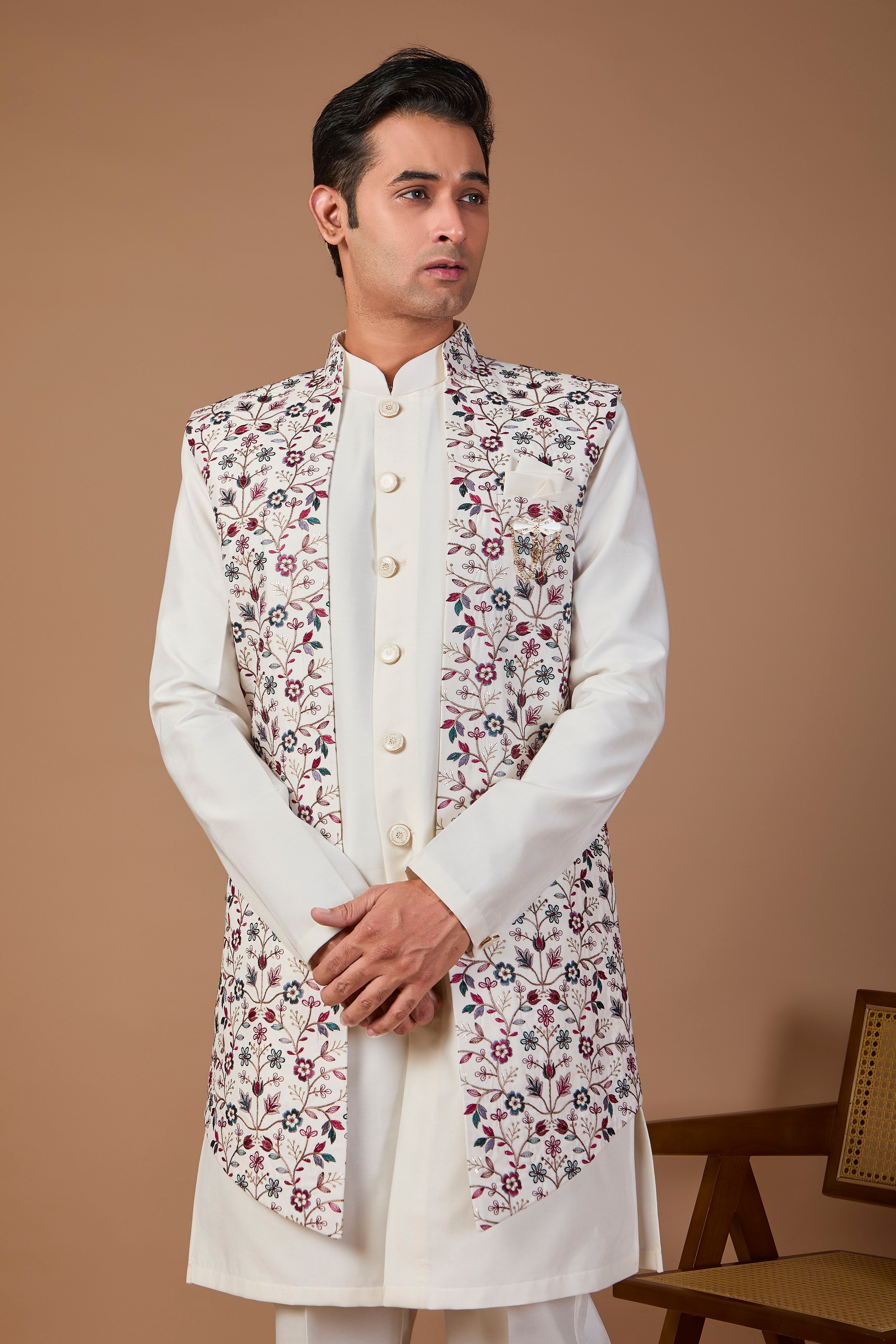 Men’s Off-white Indo-western with Embroidered Work in Raw Silk