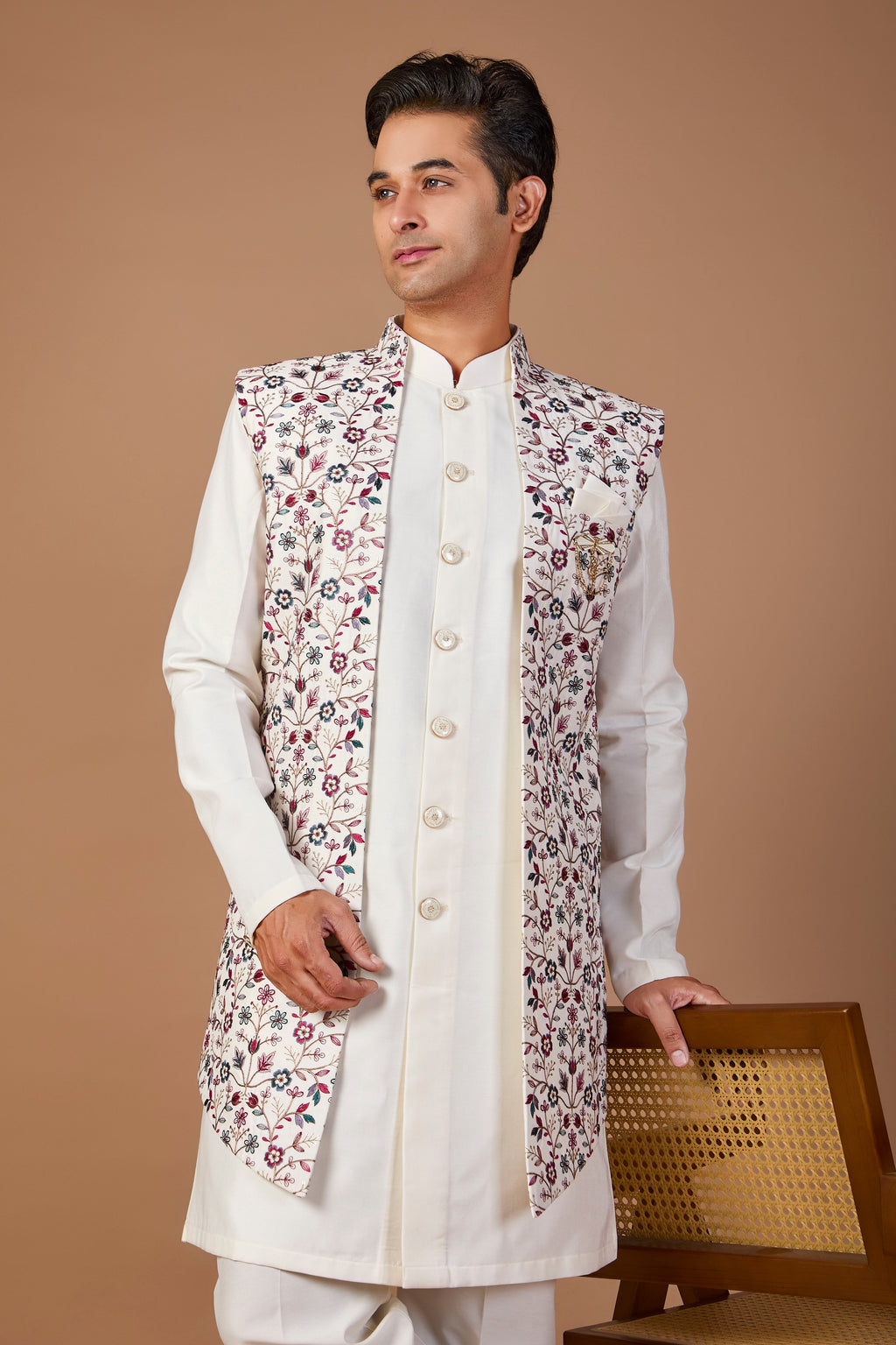 Men’s Off-white Indo-western with Embroidered Work in Raw Silk