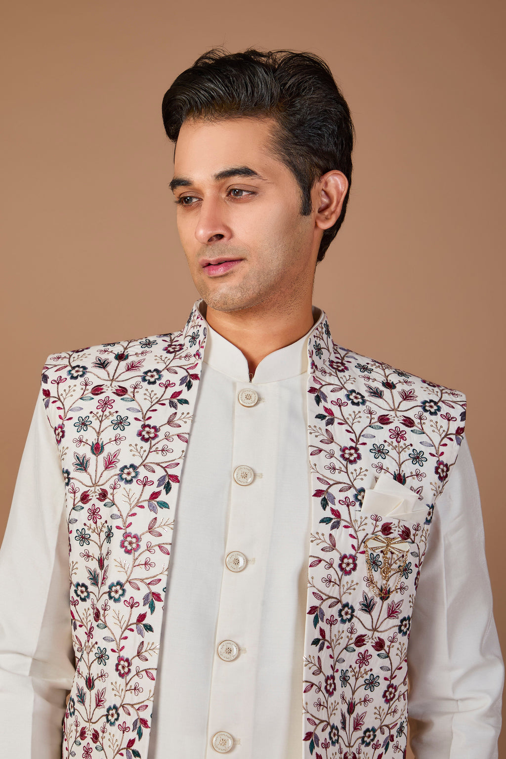 Men’s Off-white Indo-western with Embroidered Work in Raw Silk