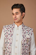 Men’s Off-white Indo-western with Embroidered Work in Raw Silk