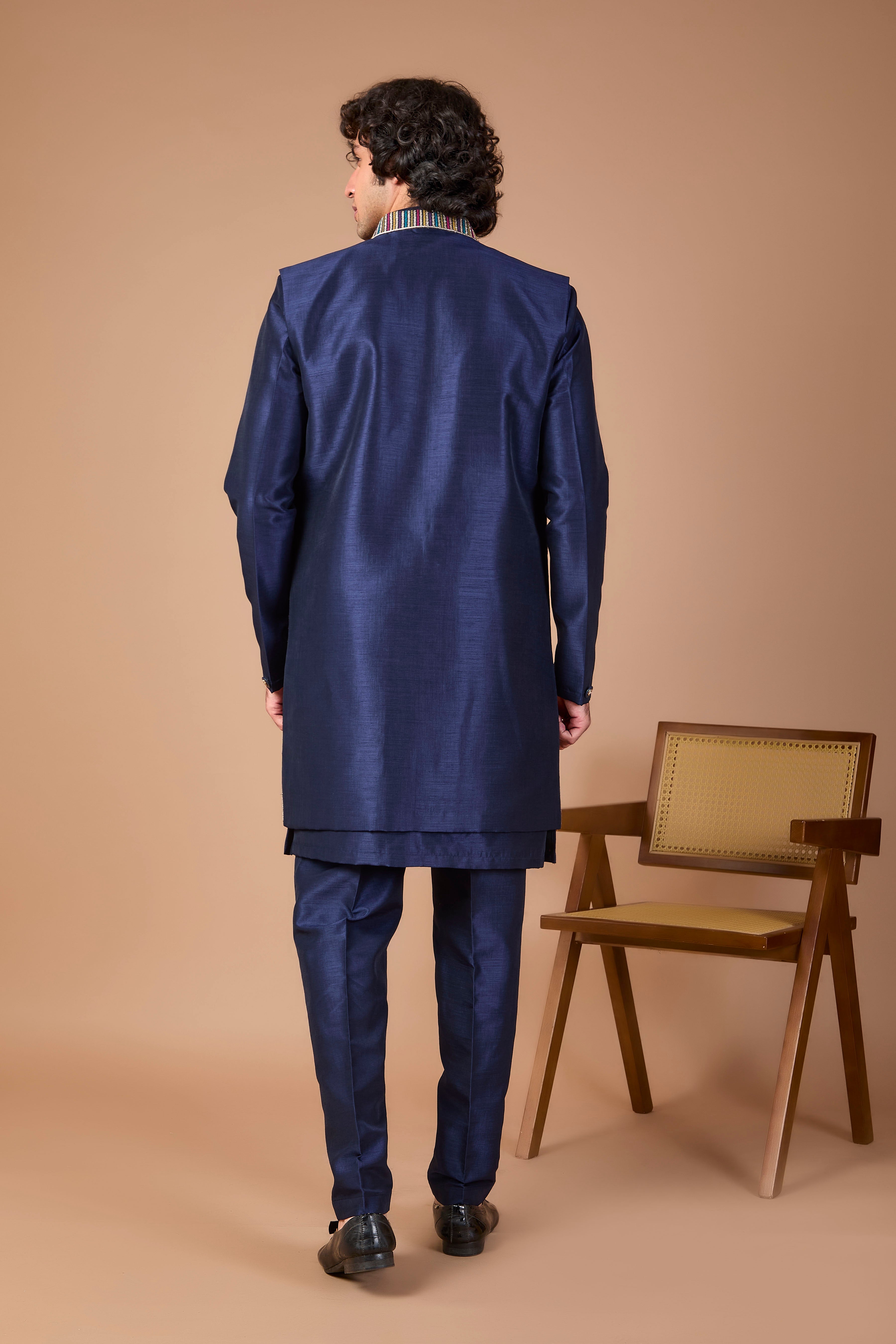 Navy Men's Indo-western in Raw silk with Elegance Embroidery work