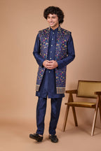 Navy Men's Indo-western in Raw silk with Elegance Embroidery work