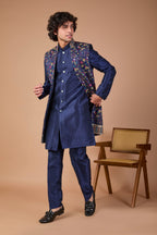Navy Men's Indo-western in Raw silk with Elegance Embroidery work