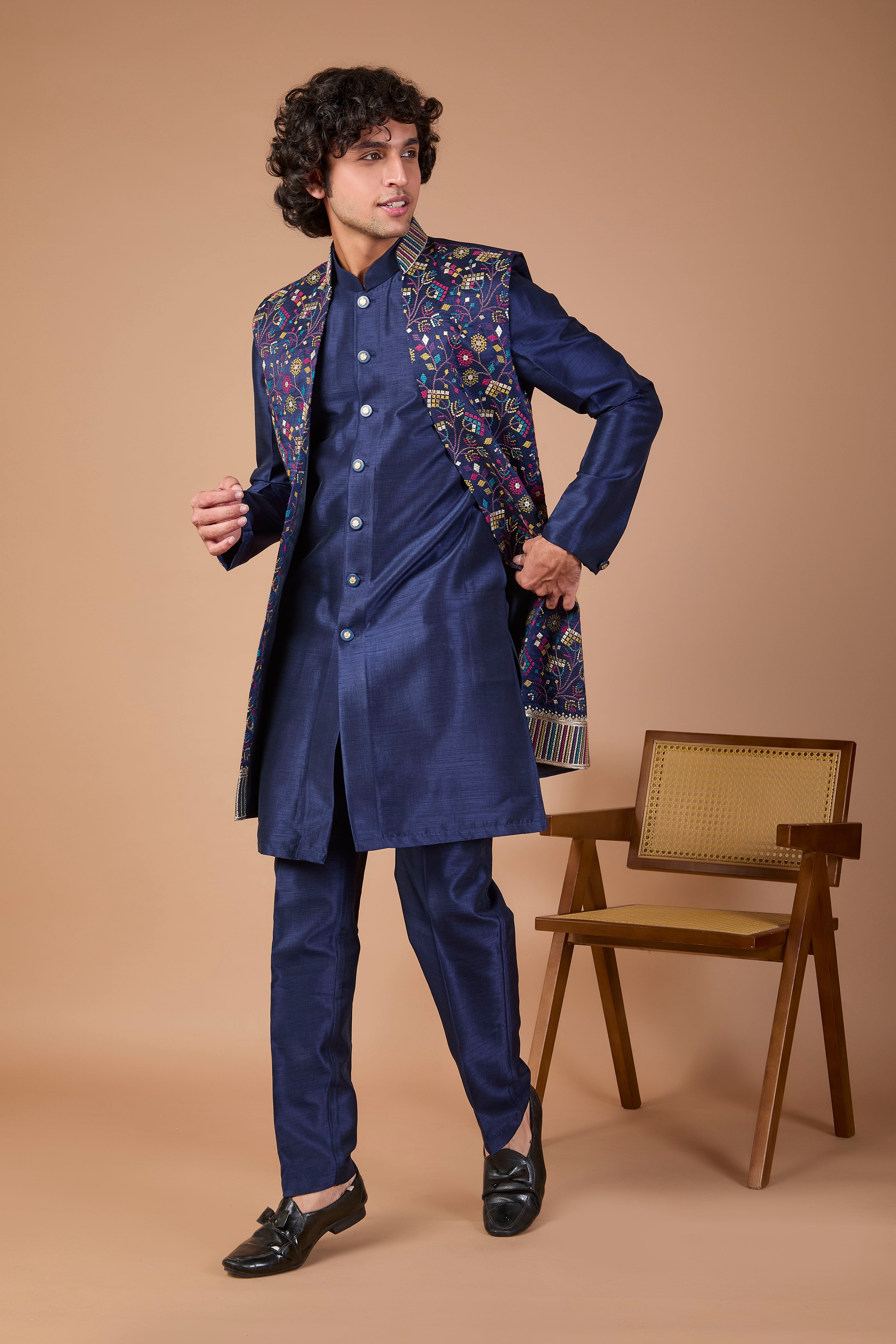 Navy Men's Indo-western in Raw silk with Elegance Embroidery work