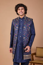 Navy Men's Indo-western in Raw silk with Elegance Embroidery work