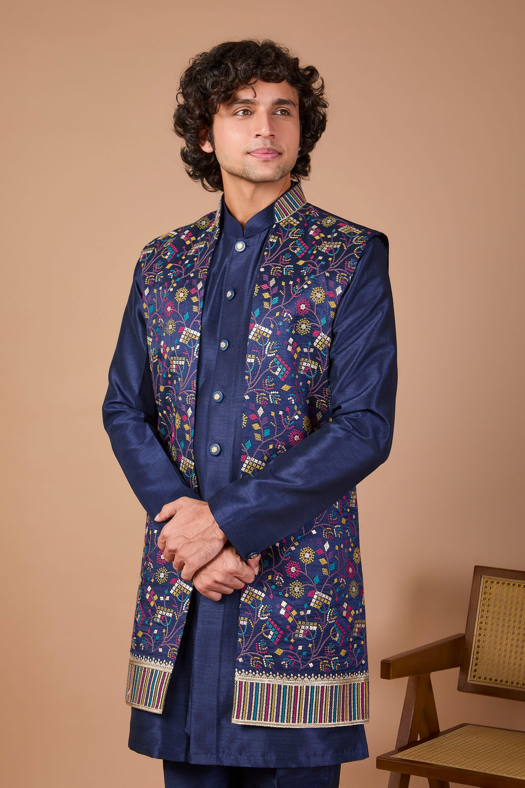 Navy Men's Indo-western in Raw silk with Elegance Embroidery work