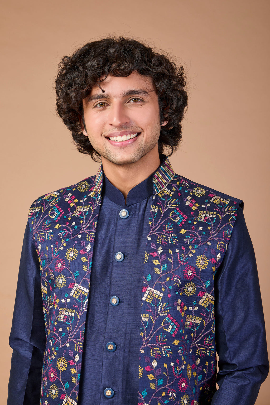 Navy Men's Indo-western in Raw silk with Elegance Embroidery work