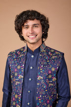 Navy Men's Indo-western in Raw silk with Elegance Embroidery work