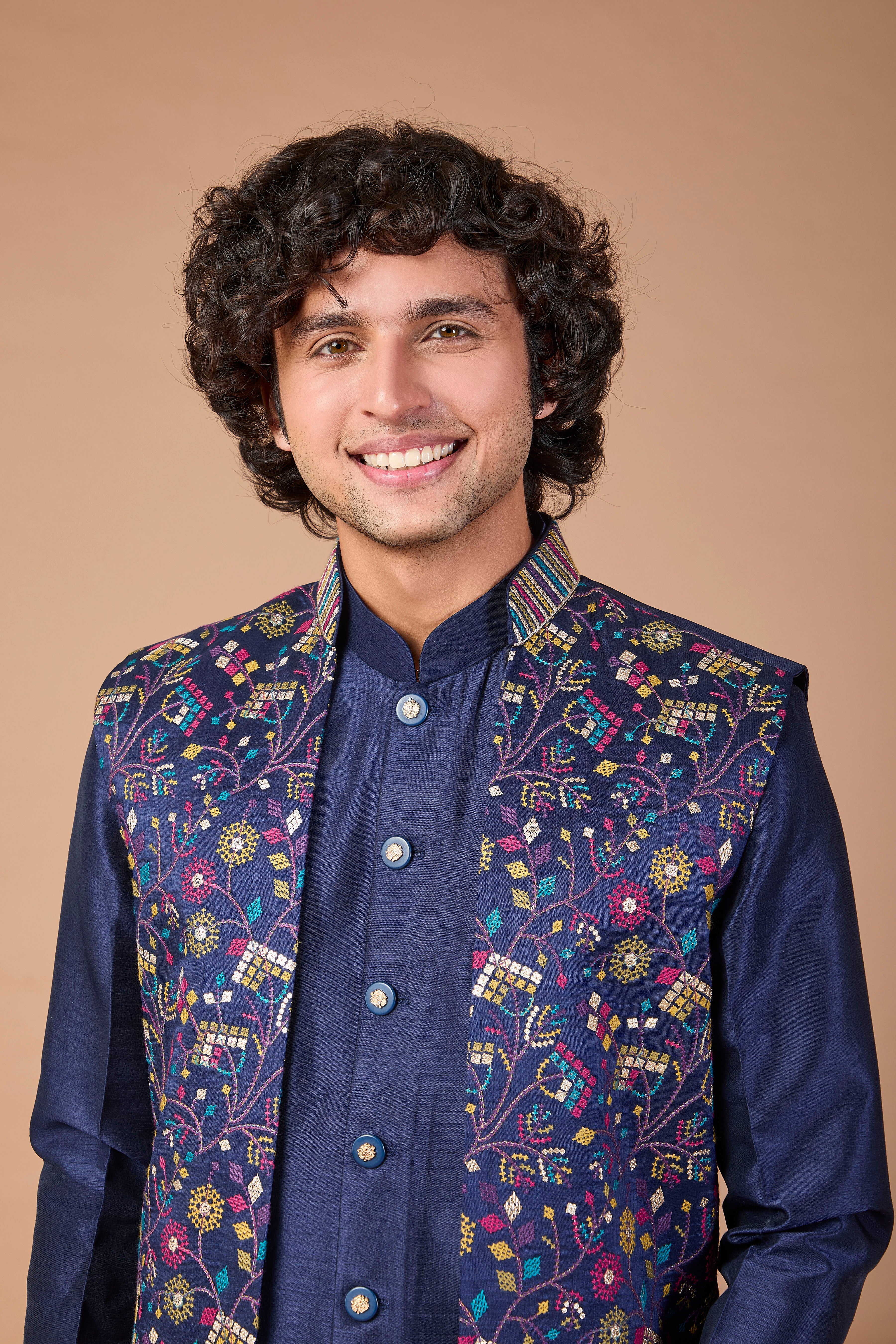 Navy Men's Indo-western in Raw silk with Elegance Embroidery work