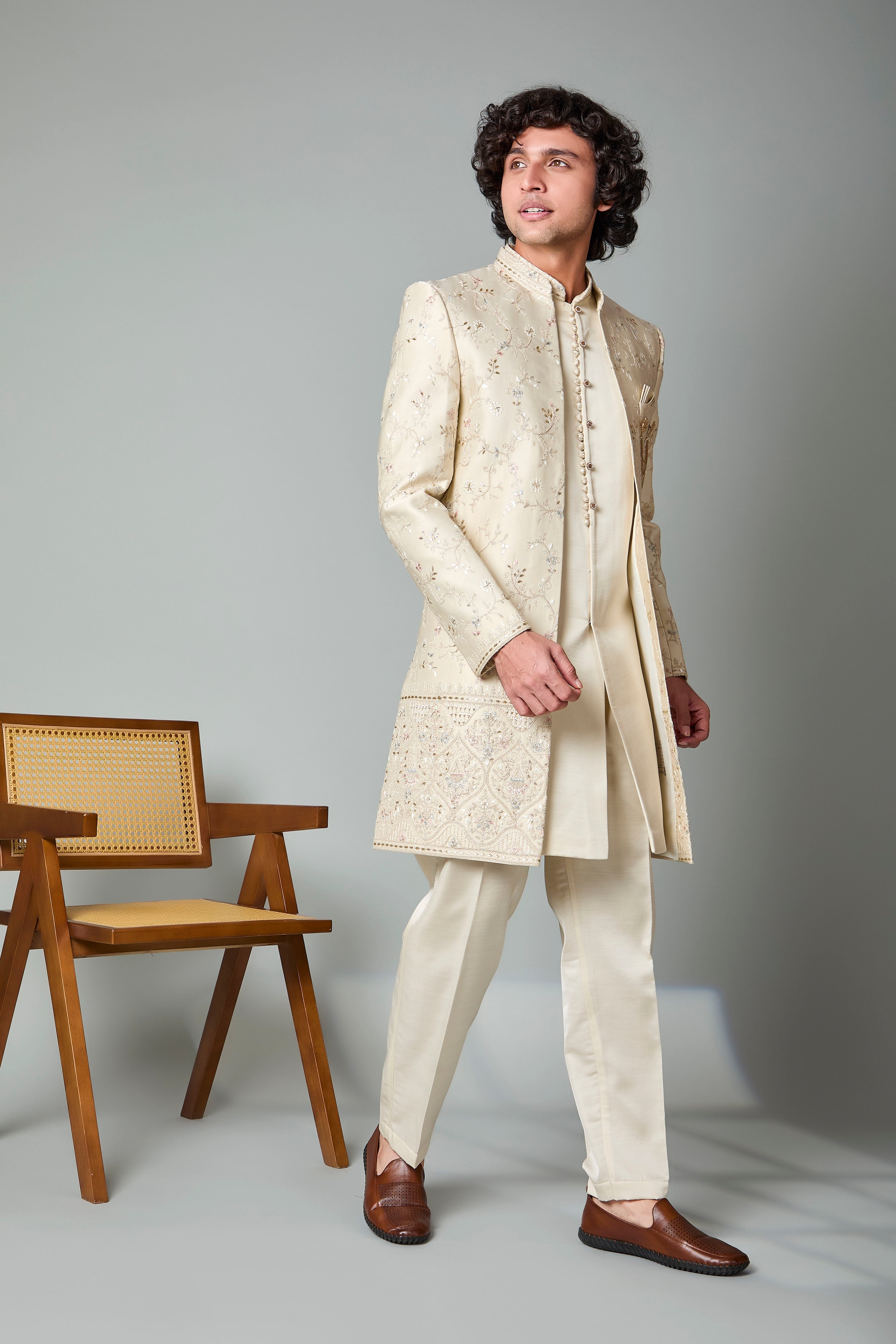 Cream Raw Silk Indo Western for Men – Engagement Wear