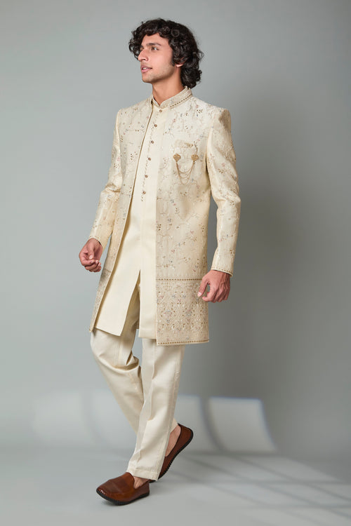 Cream Raw Silk Indo Western for Men – Engagement Wear
