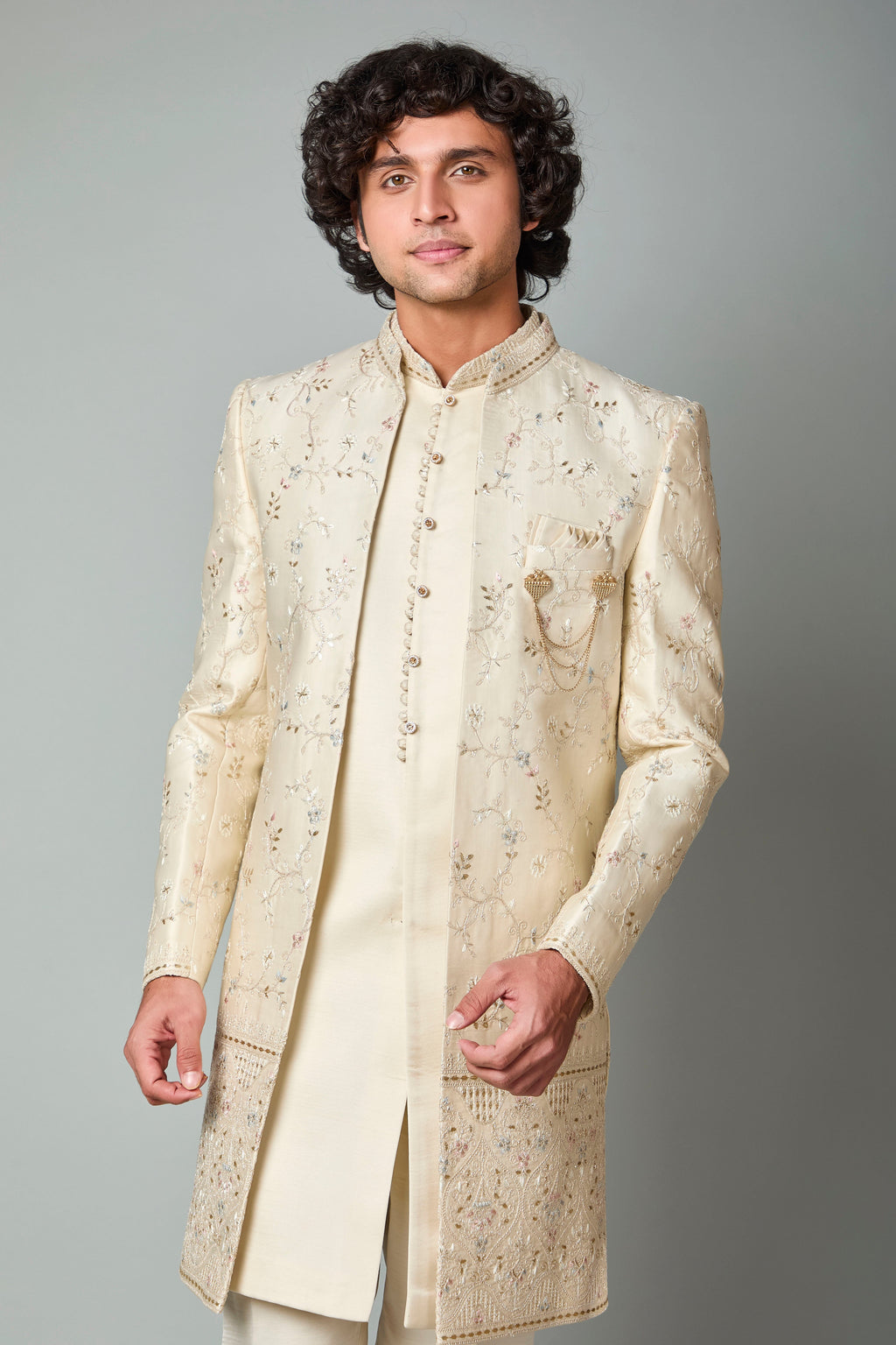 Cream Raw Silk Indo Western for Men – Engagement Wear