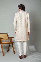 Adorn with Embroidered Cream Men's Indo-western with Raw Silk