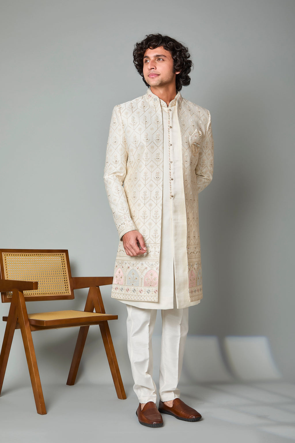 Adorn with Embroidered Cream Men's Indo-western with Raw Silk