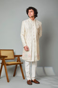 Adorn with Embroidered Cream Men's Indo-western with Raw Silk