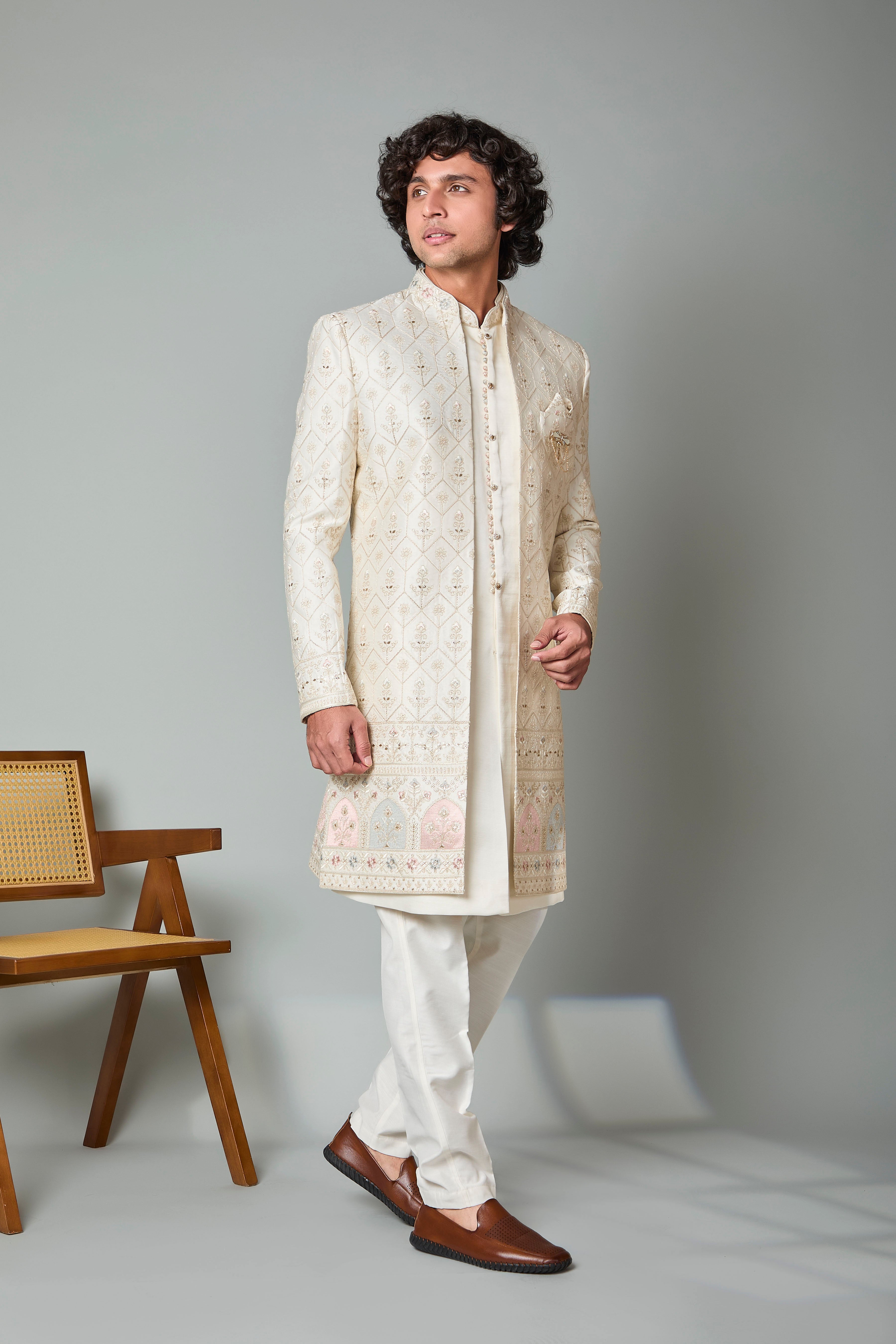 Adorn with Embroidered Cream Men's Indo-western with Raw Silk