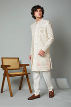 Adorn with Embroidered Cream Men's Indo-western with Raw Silk