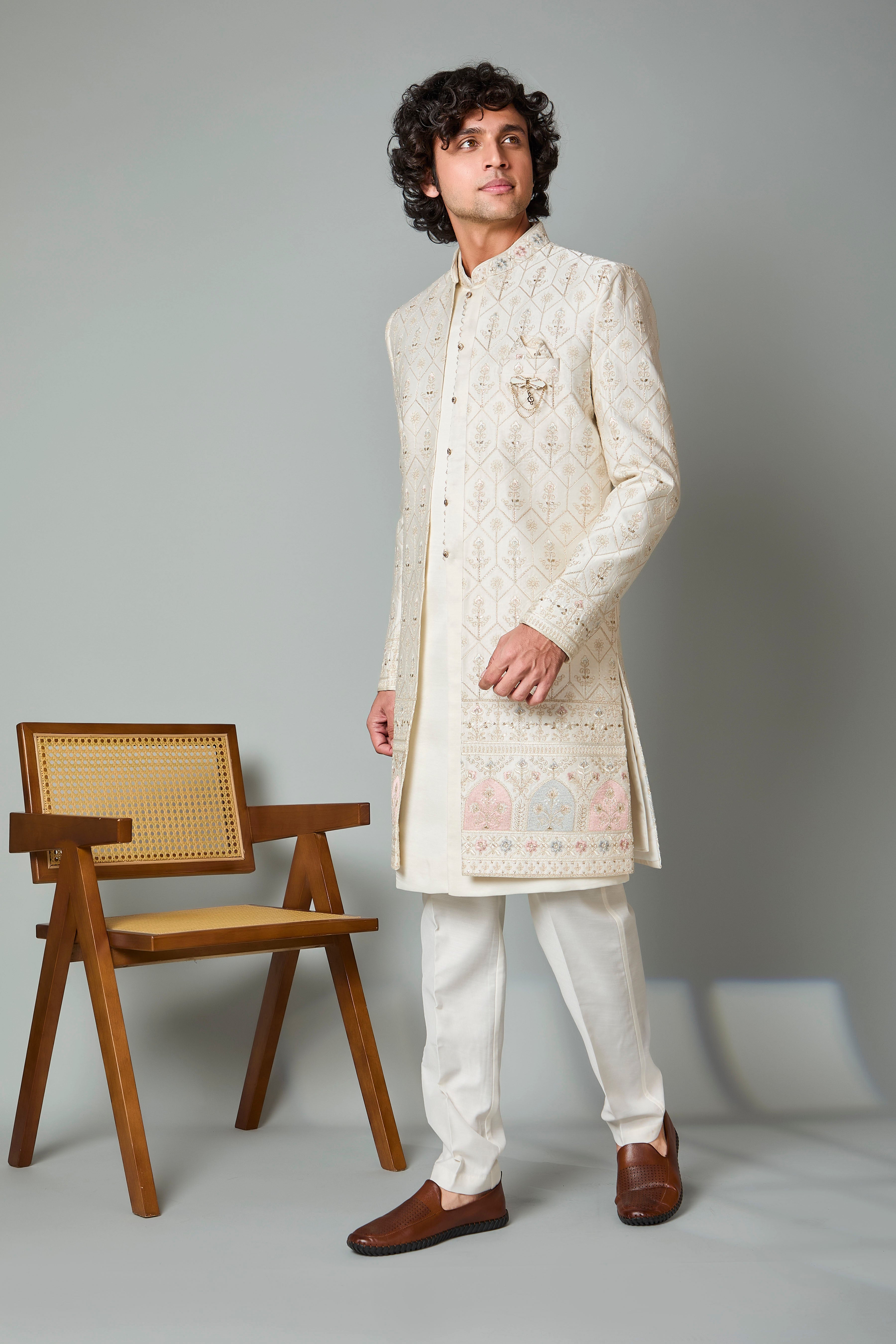 Adorn with Embroidered Cream Men's Indo-western with Raw Silk