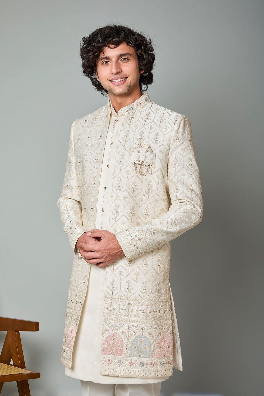 Adorn with Embroidered Cream Men's Indo-western with Raw Silk