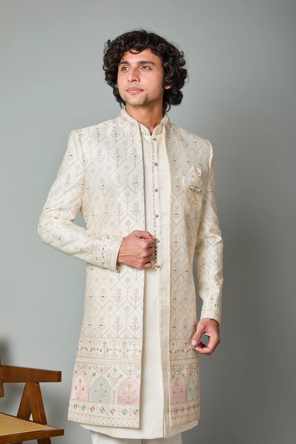 Adorn with Embroidered Cream Men's Indo-western with Raw Silk