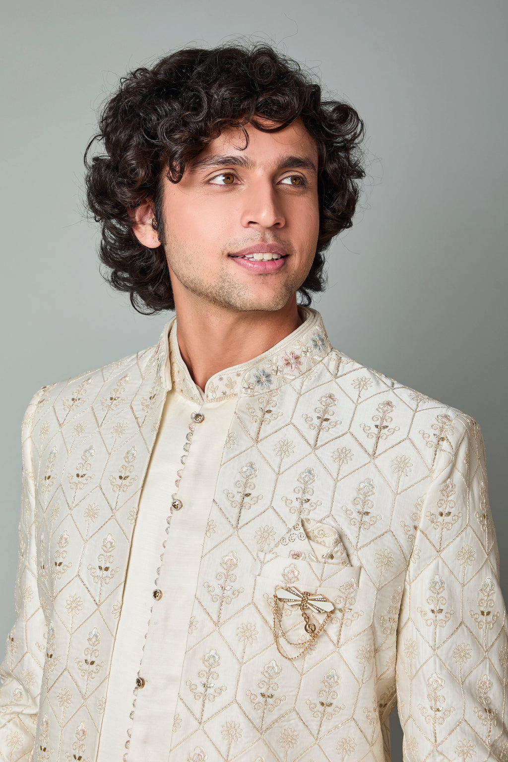 Adorn with Embroidered Cream Men's Indo-western with Raw Silk