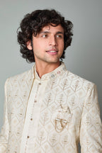 Adorn with Embroidered Cream Men's Indo-western with Raw Silk