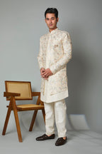 Cream Men's Indo-western in Smooth Raw Silk for Wedding Celebrations