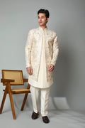 Cream Men's Indo-western in Smooth Raw Silk for Wedding Celebrations