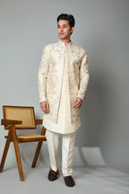 Cream Men's Indo-western in Smooth Raw Silk for Wedding Celebrations