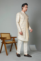 Cream Men's Indo-western in Smooth Raw Silk for Wedding Celebrations