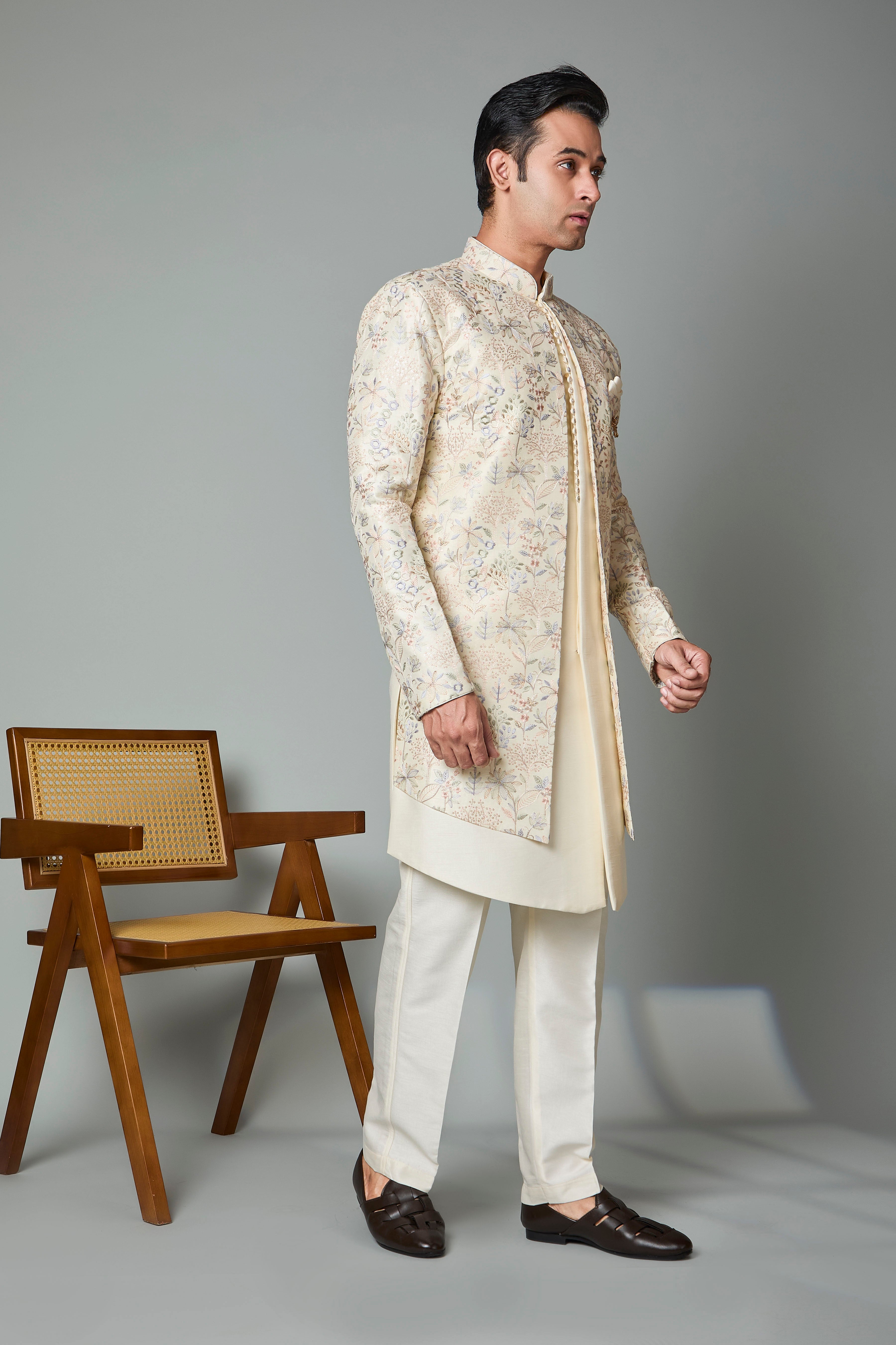 Cream Men's Indo-western in Smooth Raw Silk for Wedding Celebrations