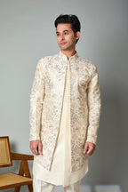 Cream Men's Indo-western in Smooth Raw Silk for Wedding Celebrations