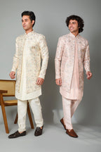 Raw Silk Light Peach Men's Indo-western in Silk for Traditional Functions
