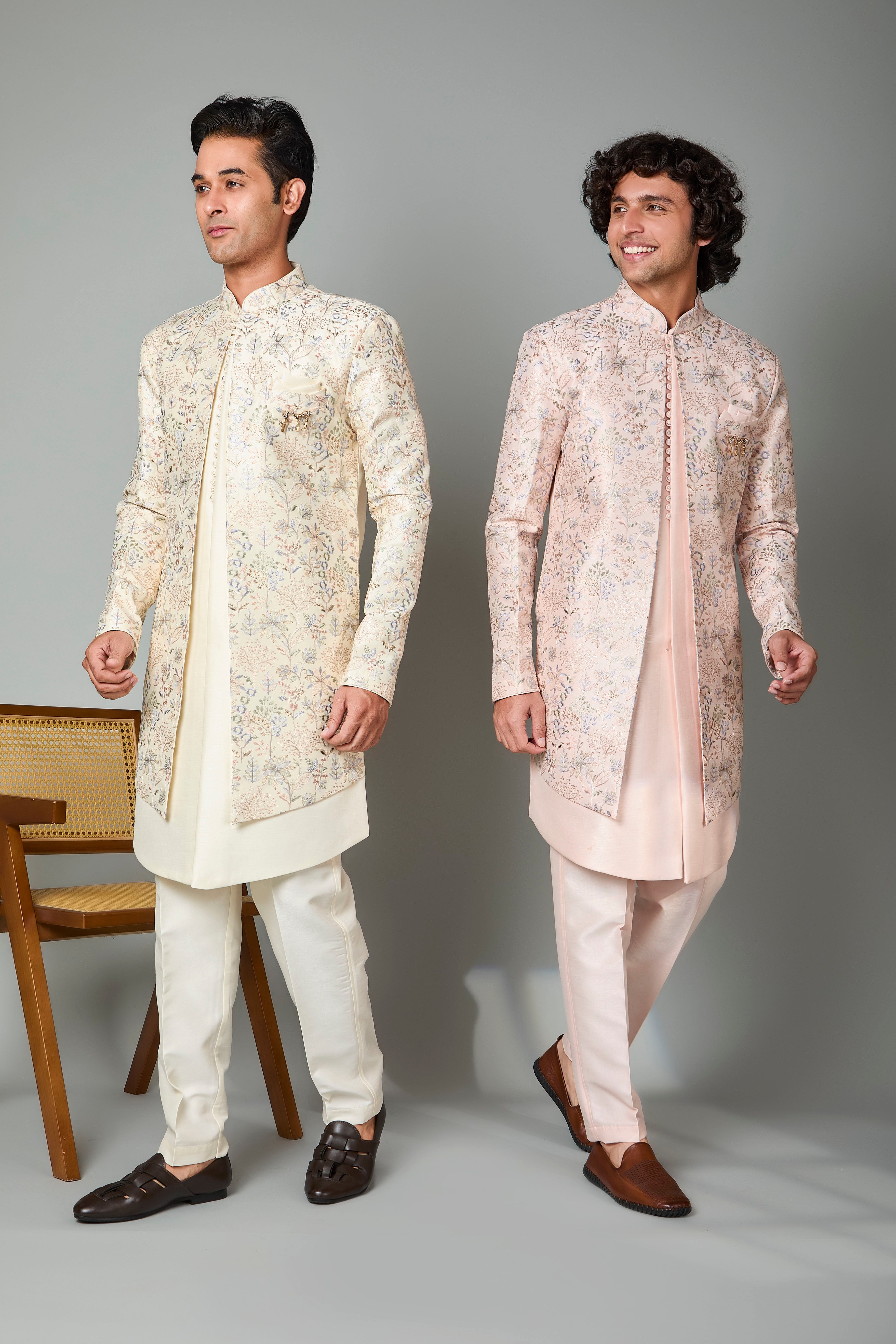 Cream Men's Indo-western in Smooth Raw Silk for Wedding Celebrations