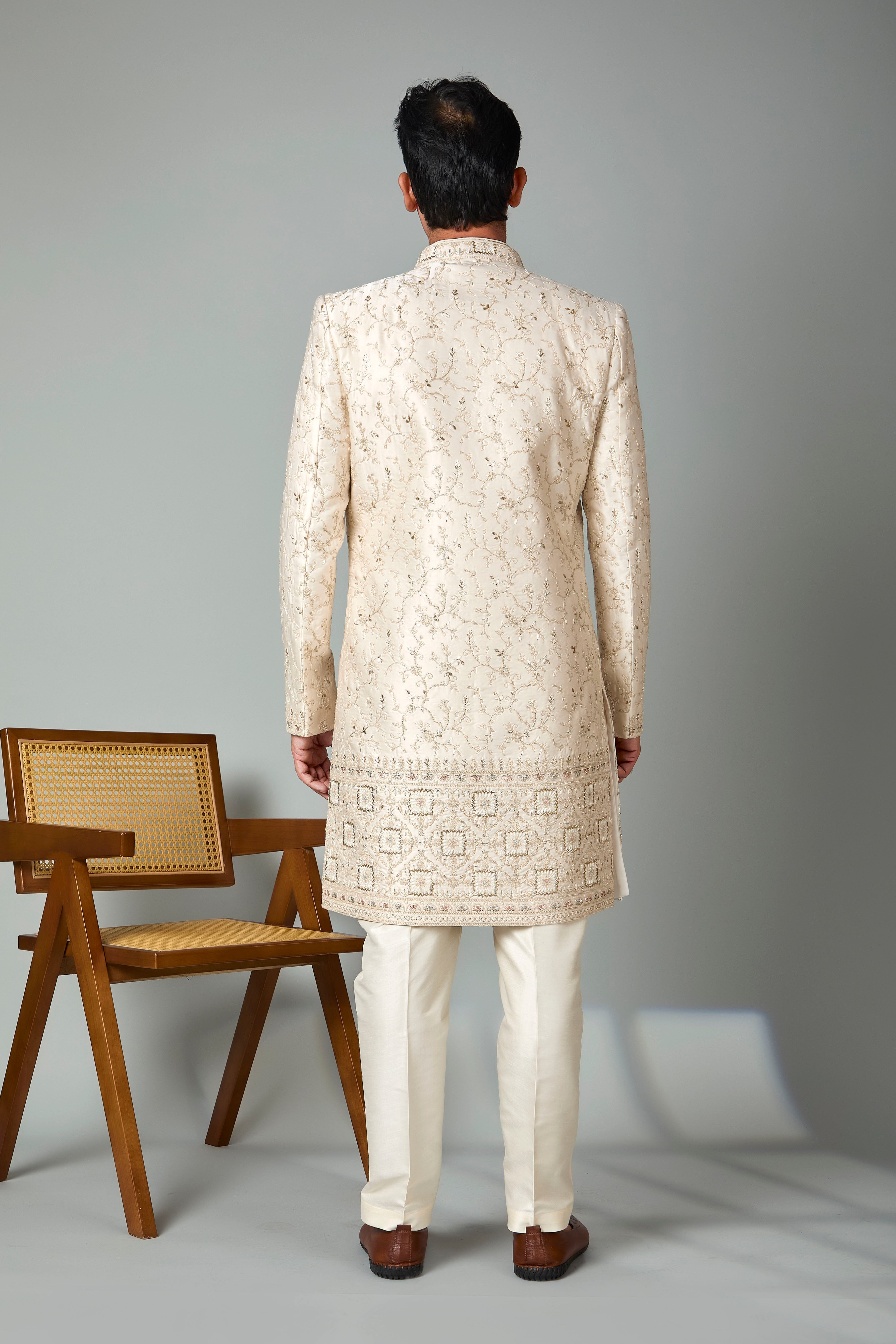 Cream Men’s Silk Indo Western for Wedding Occasions