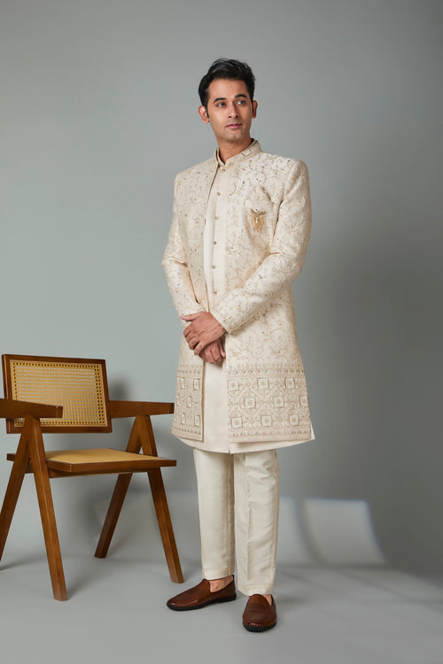 Cream Men’s Silk Indo Western for Wedding Occasions