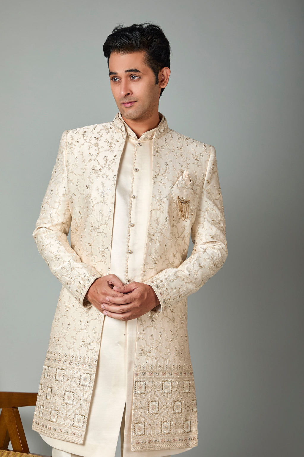 Cream Men’s Silk Indo Western for Wedding Occasions