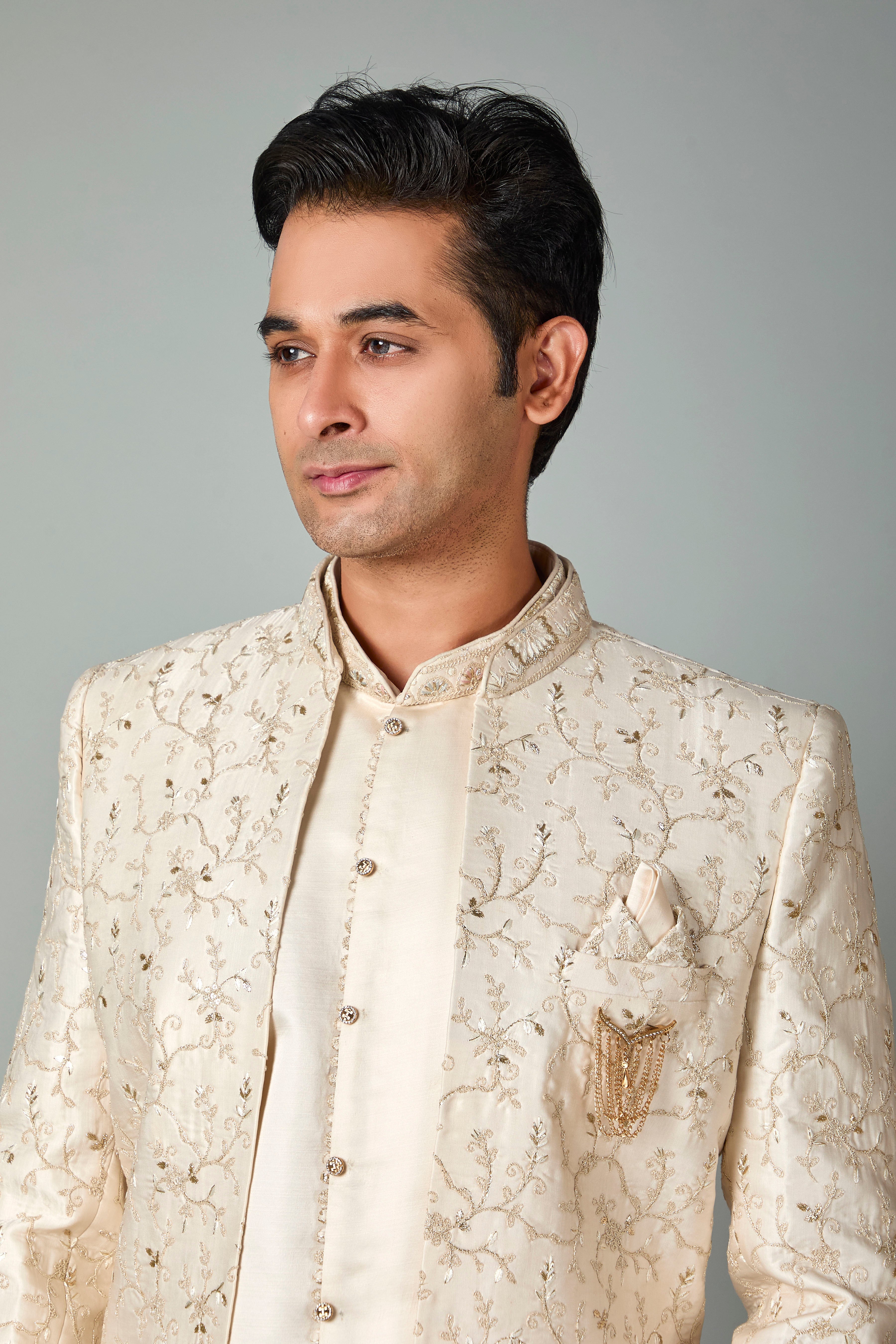 Cream Men’s Silk Indo Western for Wedding Occasions