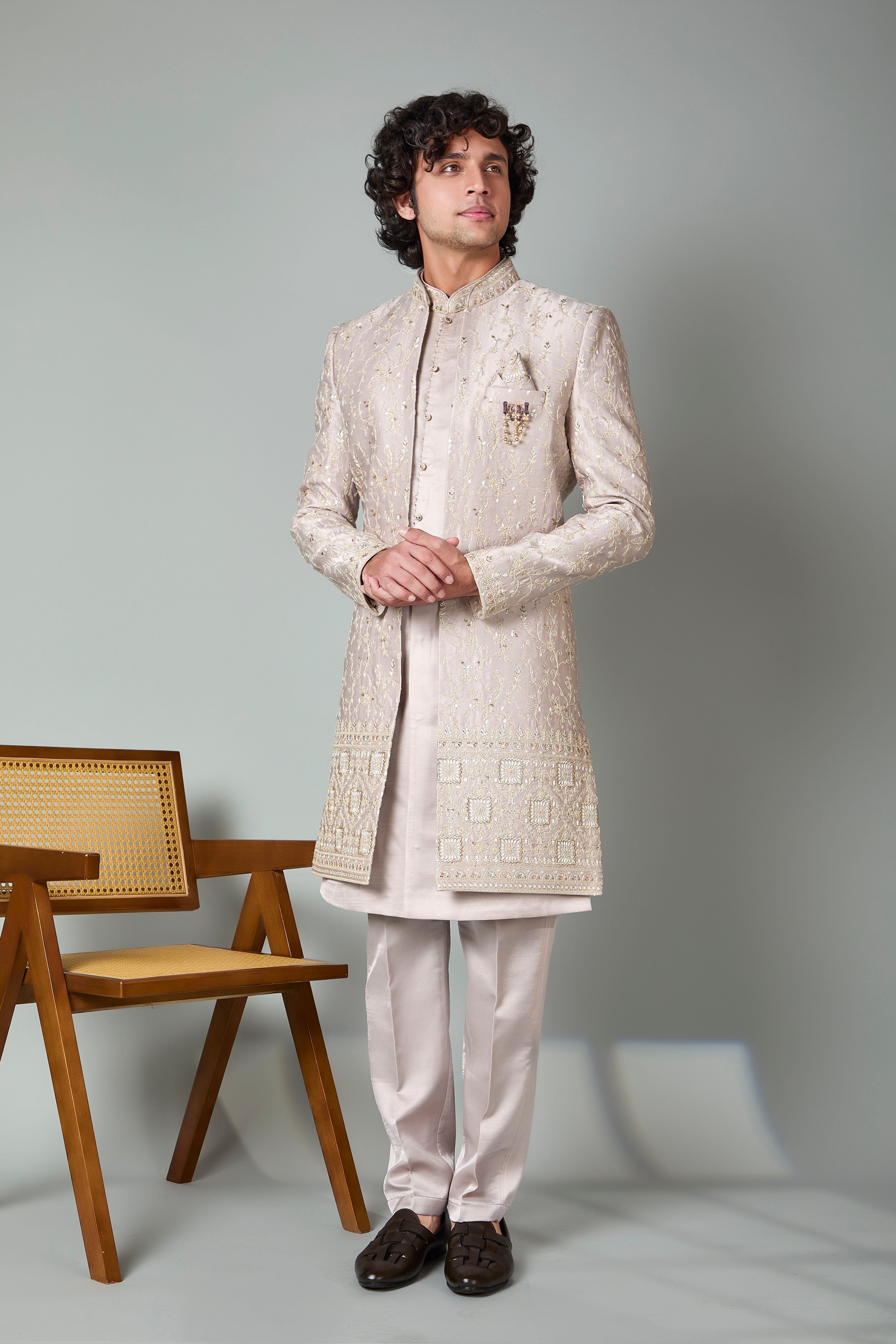 Fawn Beige Embroidered Indo-western with Wedding and Sangeet Wear