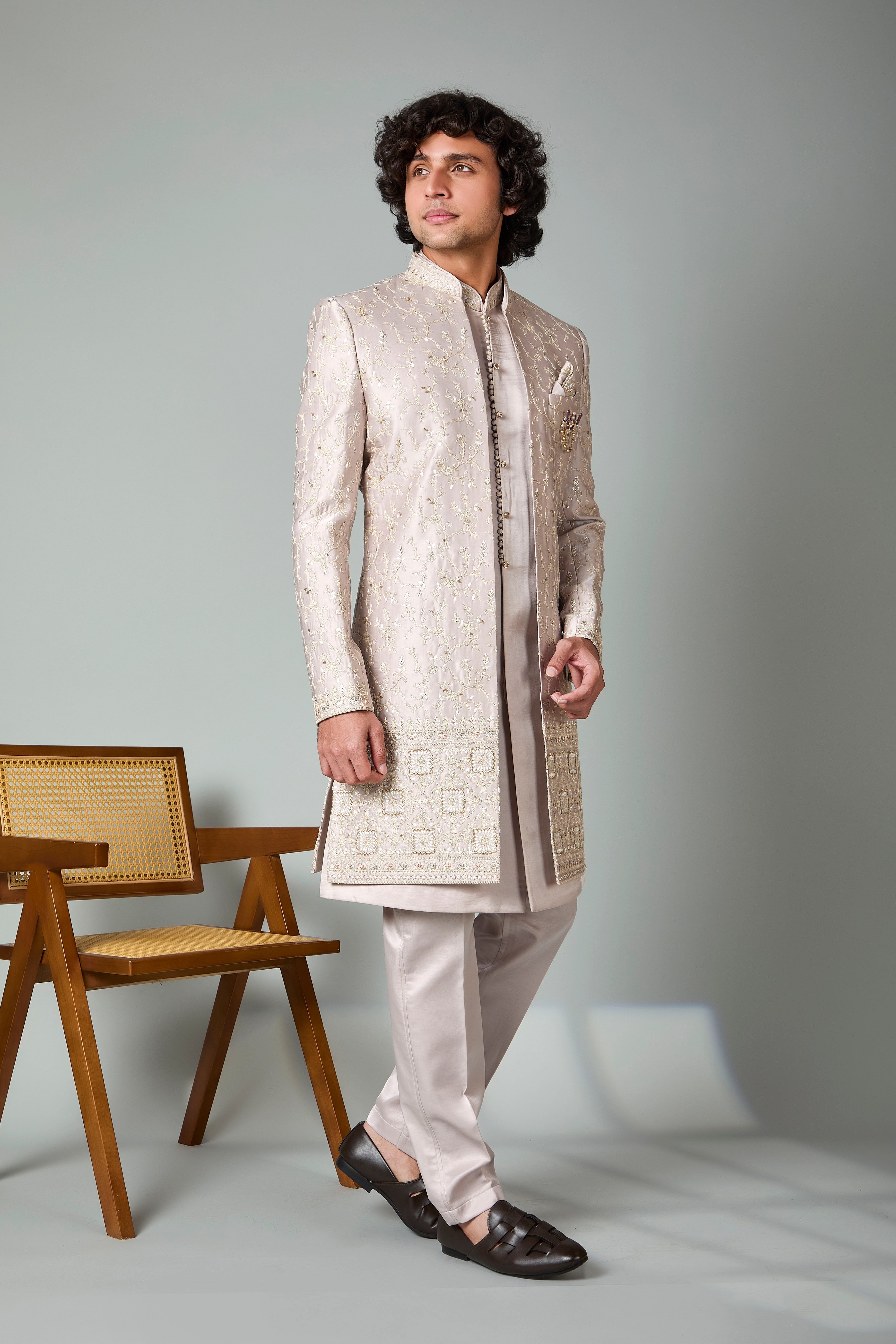 Fawn Beige Embroidered Indo-western with Wedding and Sangeet Wear