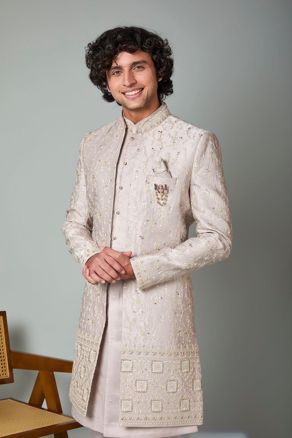 Fawn Beige Embroidered Indo-western with Wedding and Sangeet Wear
