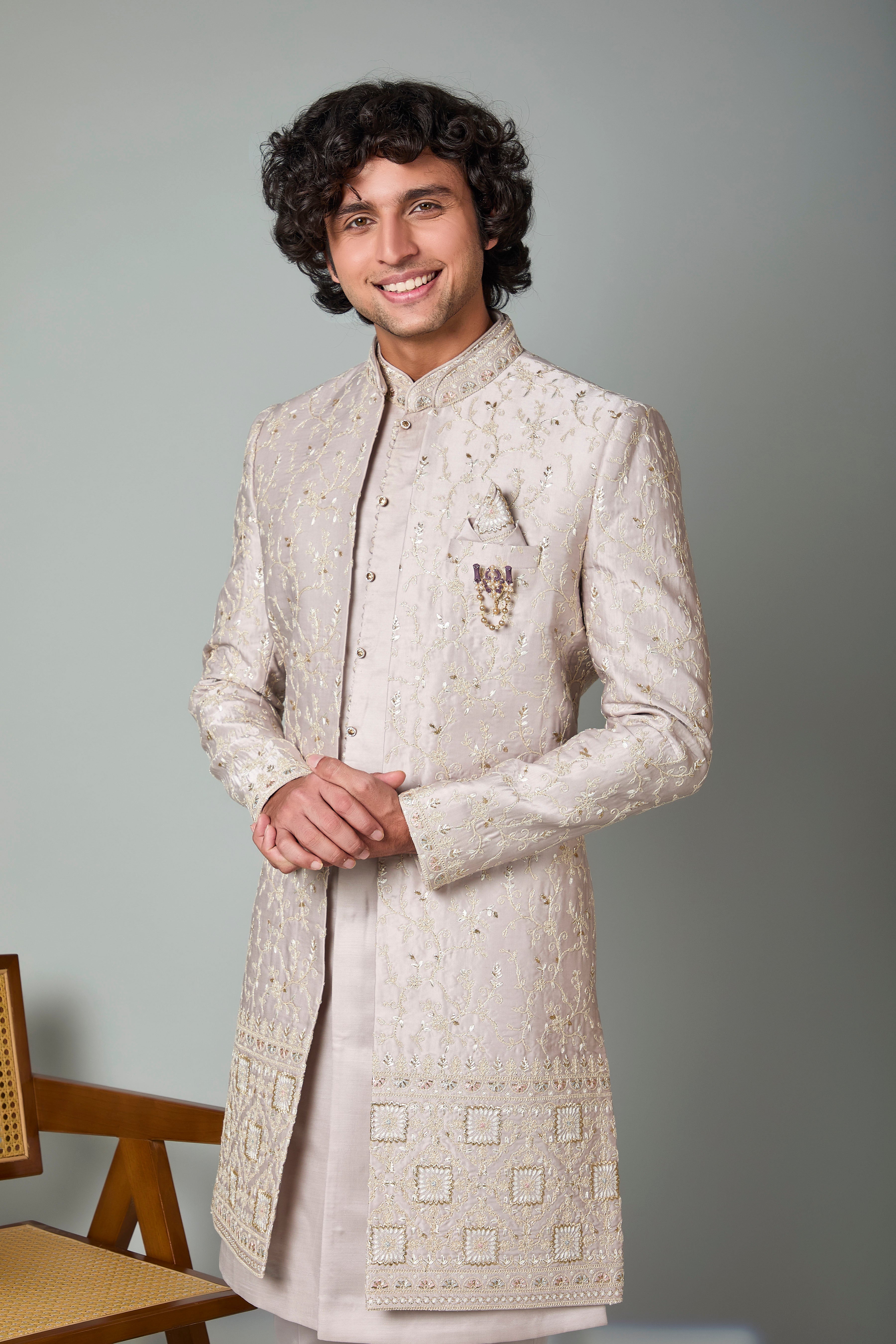 Fawn Beige Embroidered Indo-western with Wedding and Sangeet Wear