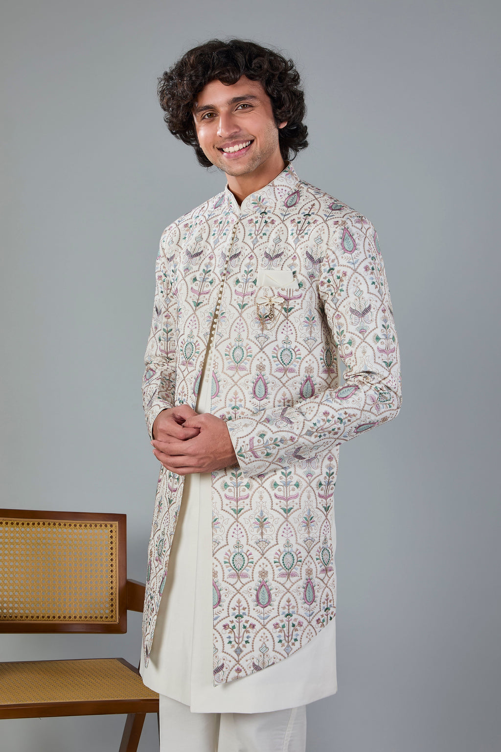 Raw Silk Off-white Men's Indo-western for Wedding and Engagement