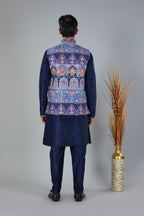 Engagement Wear Men's Navy Raw Silk Kurta Jacket Set in Classic Fit