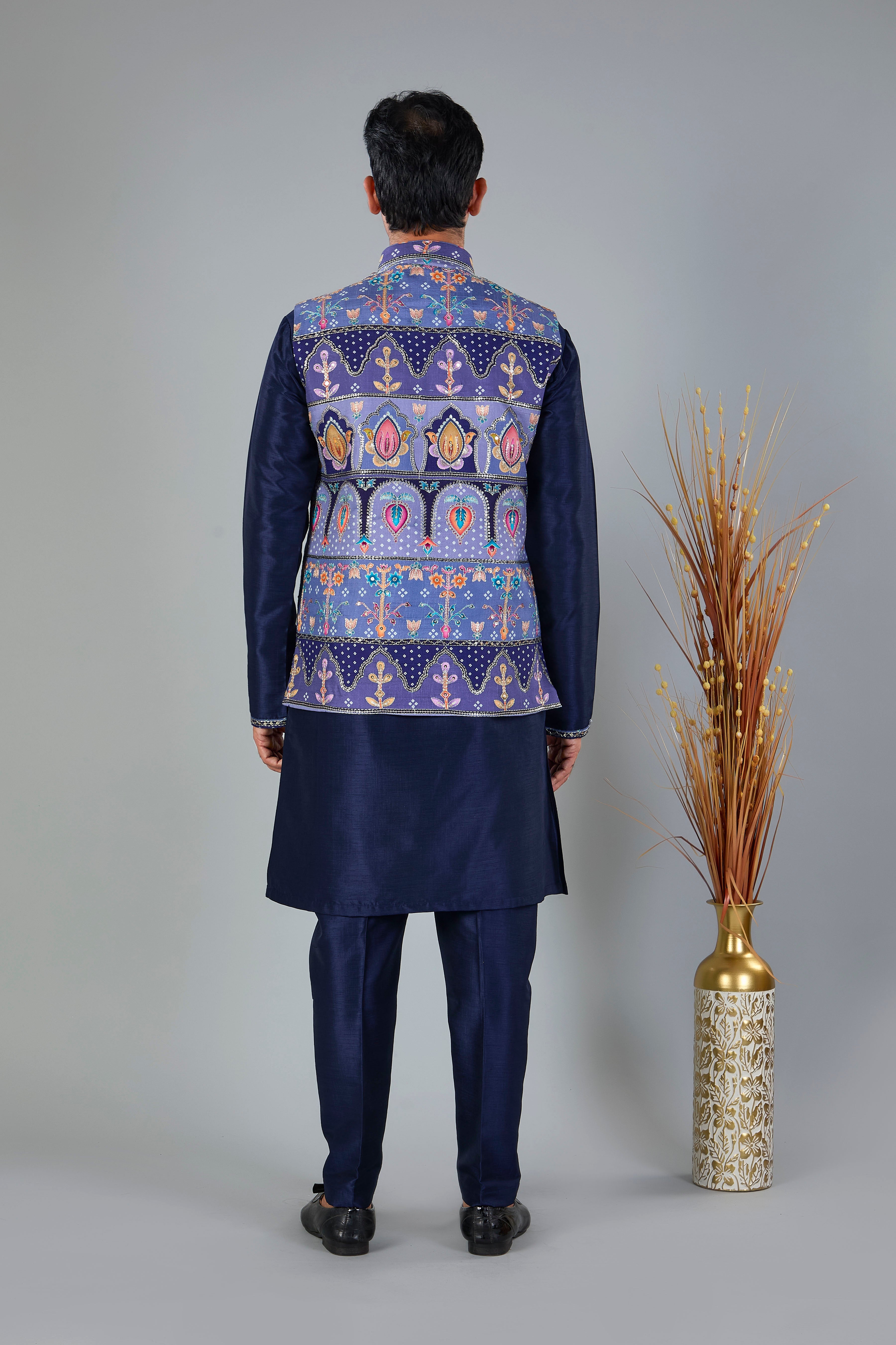 Engagement Wear Men's Navy Raw Silk Kurta Jacket Set in Classic Fit