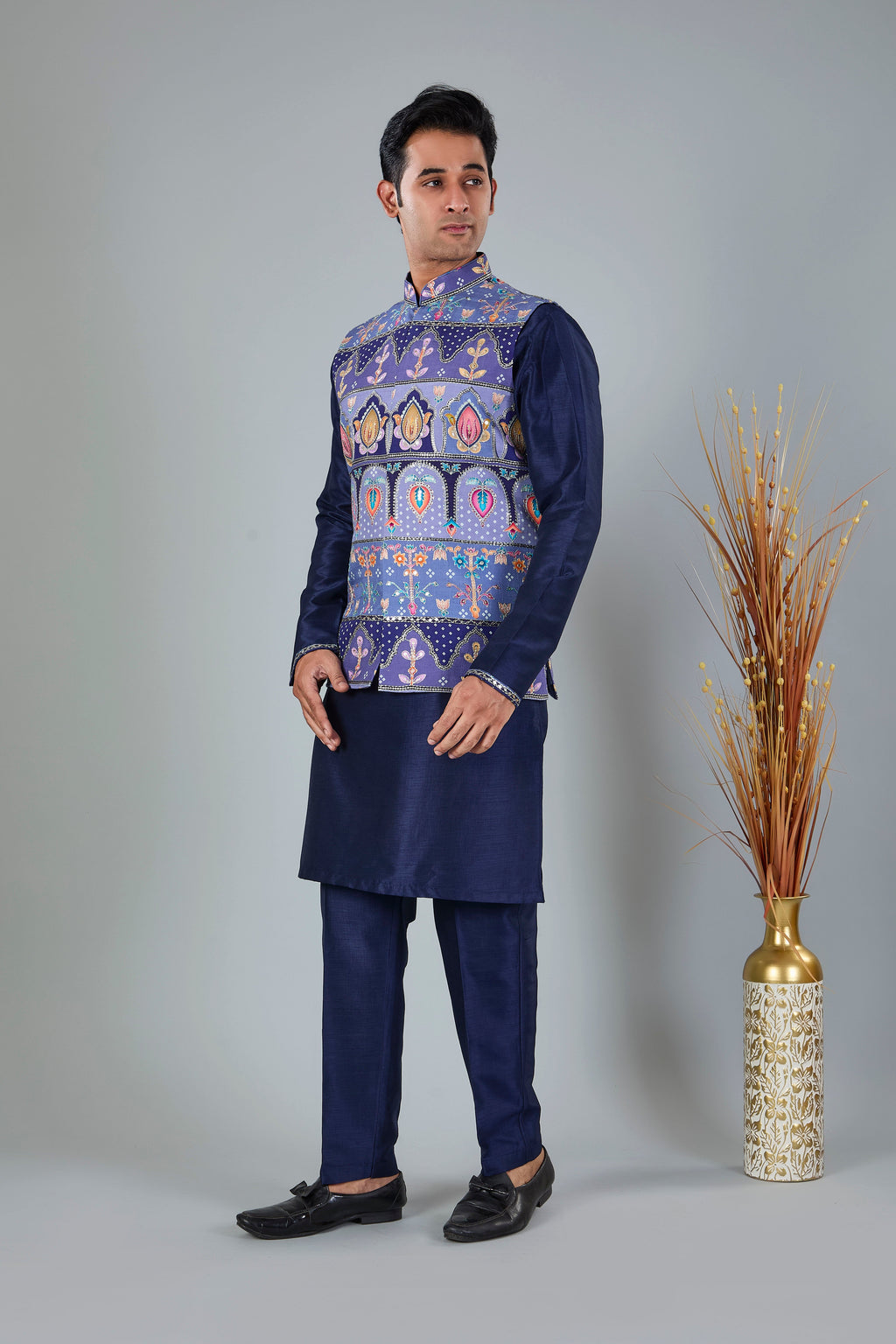 Engagement Wear Men's Navy Raw Silk Kurta Jacket Set in Classic Fit